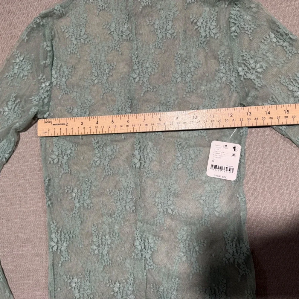 Free People Intimately Sheer Floral Lace Mock Neck Top Blouse Green Blue Small